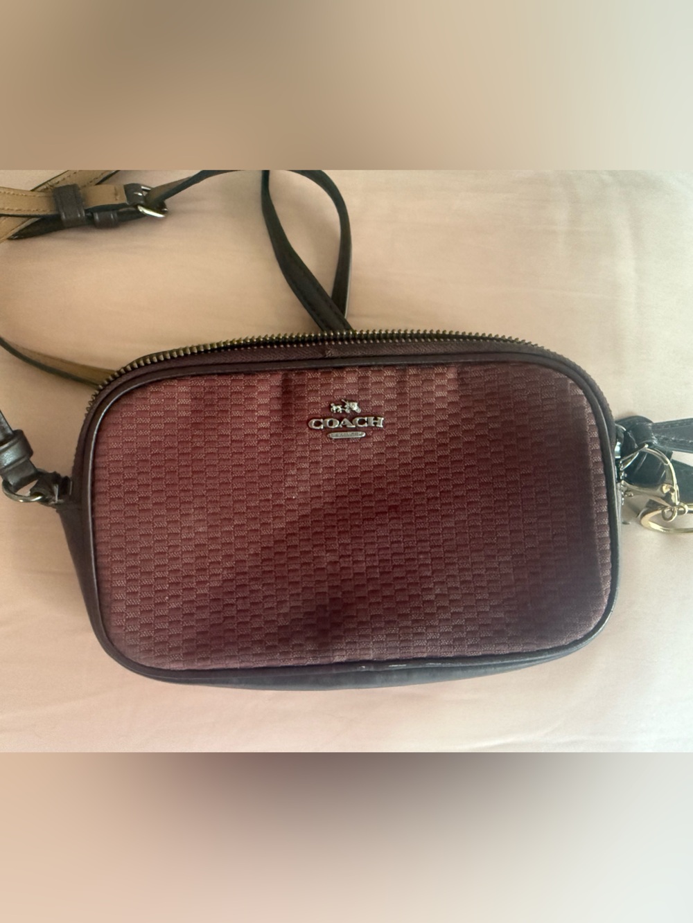 Coach Burgundy Textured Crossbody Bag with Silver Logo
